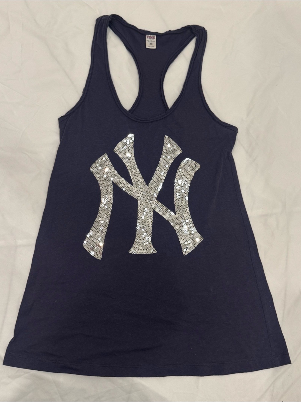 PINK x NY Yankees Sequin Bling Tank Top Blokette Sporty Chic Navy Blue XS Y2K